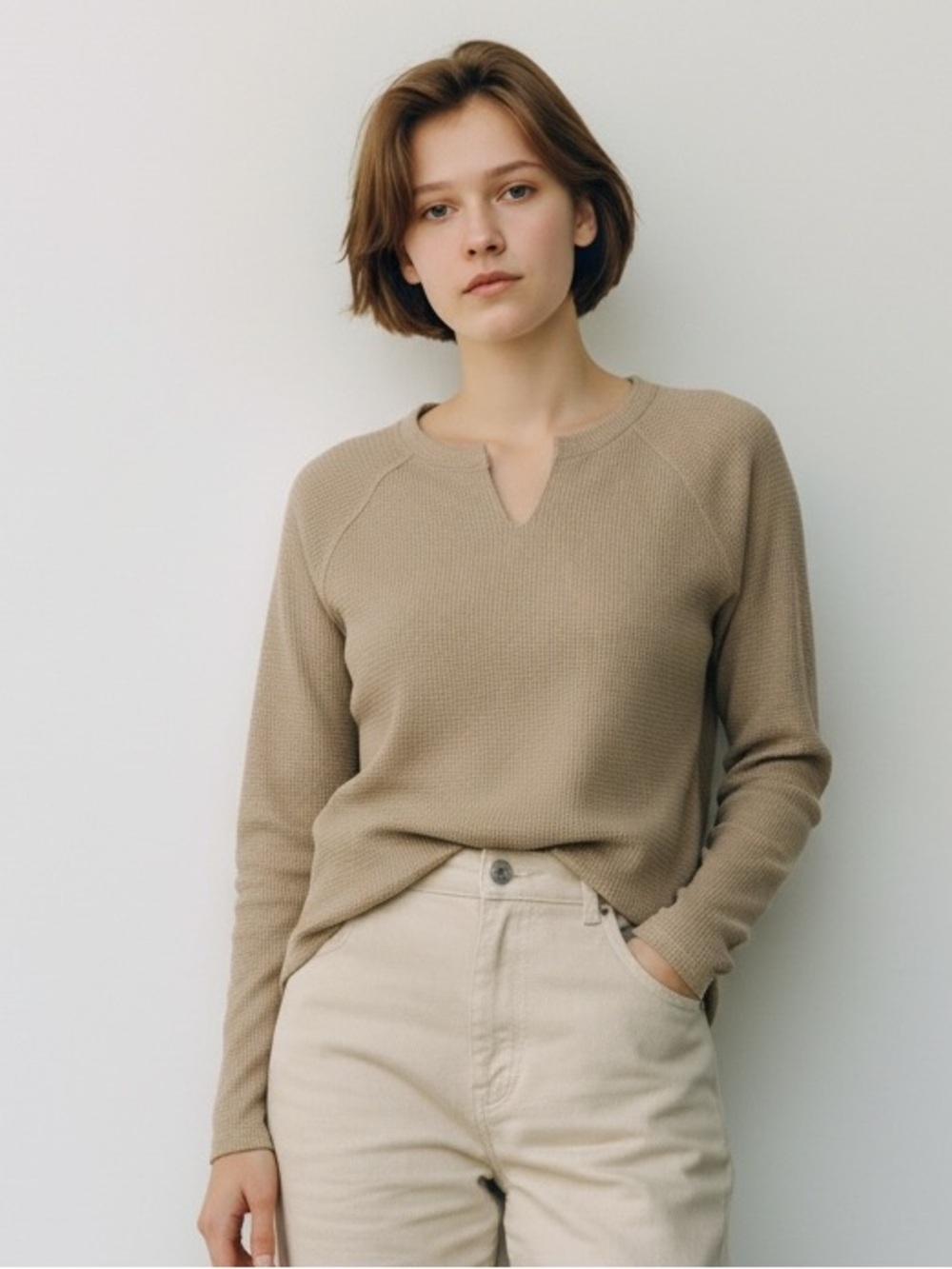 ZUTTER Long Sleeve Waffle Knit Top S 18” p2p Beige NWOT